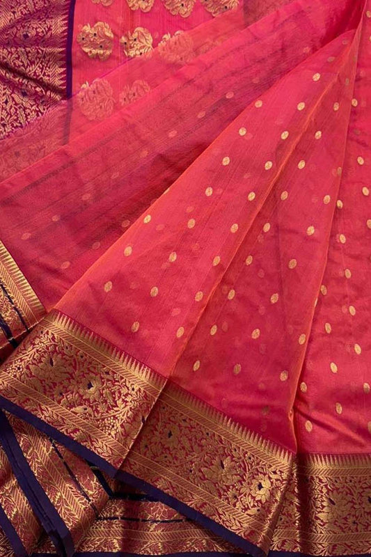 Pink Chanderi Handloom Pure Katan Silk Booti Design Saree - Luxurion World