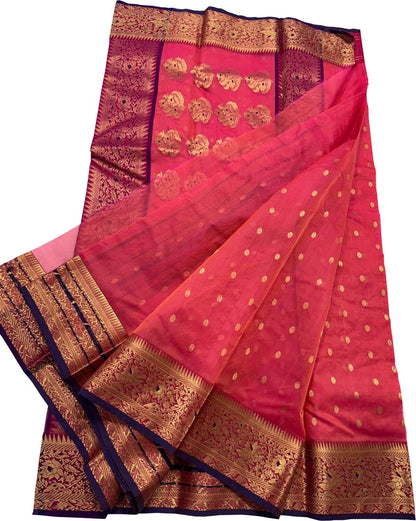 Pink Chanderi Handloom Pure Katan Silk Booti Design Saree - Luxurion World