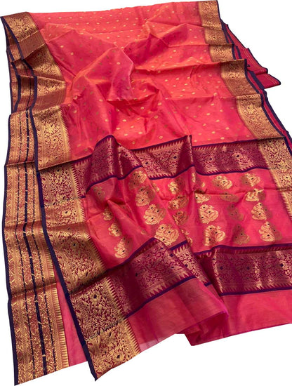Pink Chanderi Handloom Pure Katan Silk Booti Design Saree - Luxurion World