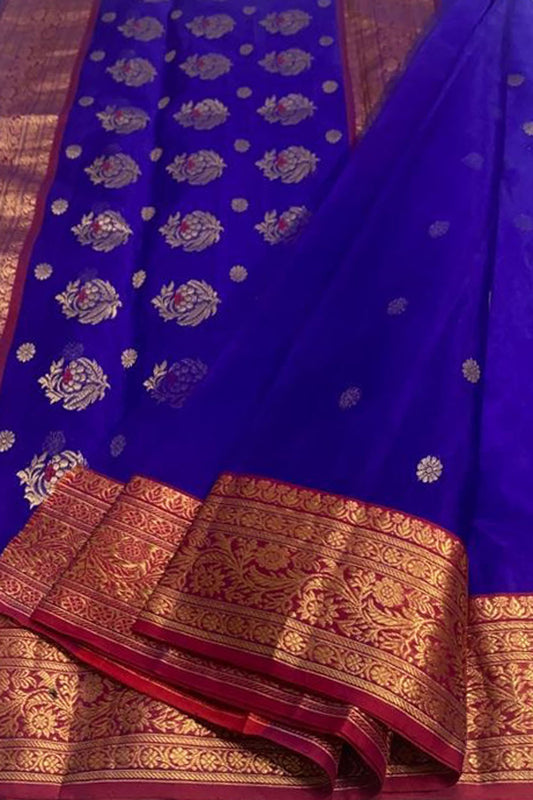 Blue Chanderi Handloom Pure Katan Silk Saree - Luxurion World