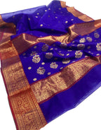 Blue Chanderi Handloom Pure Katan Silk Saree - Luxurion World