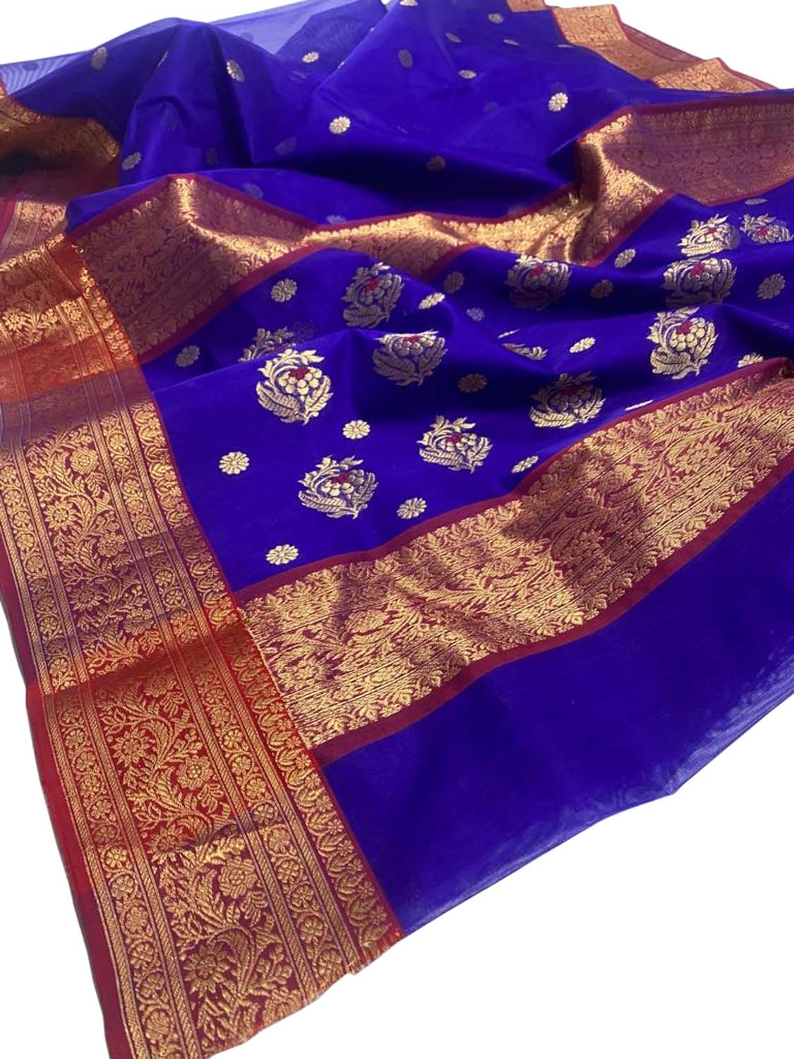 Blue Chanderi Handloom Pure Katan Silk Saree - Luxurion World