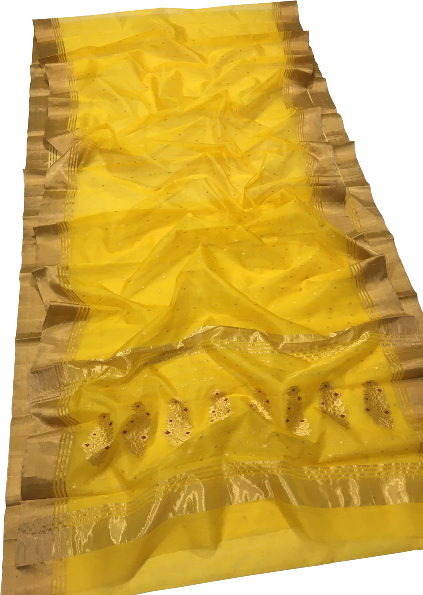 Yellow Chanderi Handloom Pure Katan Silk Saree - Luxurion World