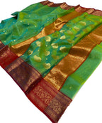 Green And Blue Shot Chanderi Handloom Pure Katan Silk Saree - Luxurion World