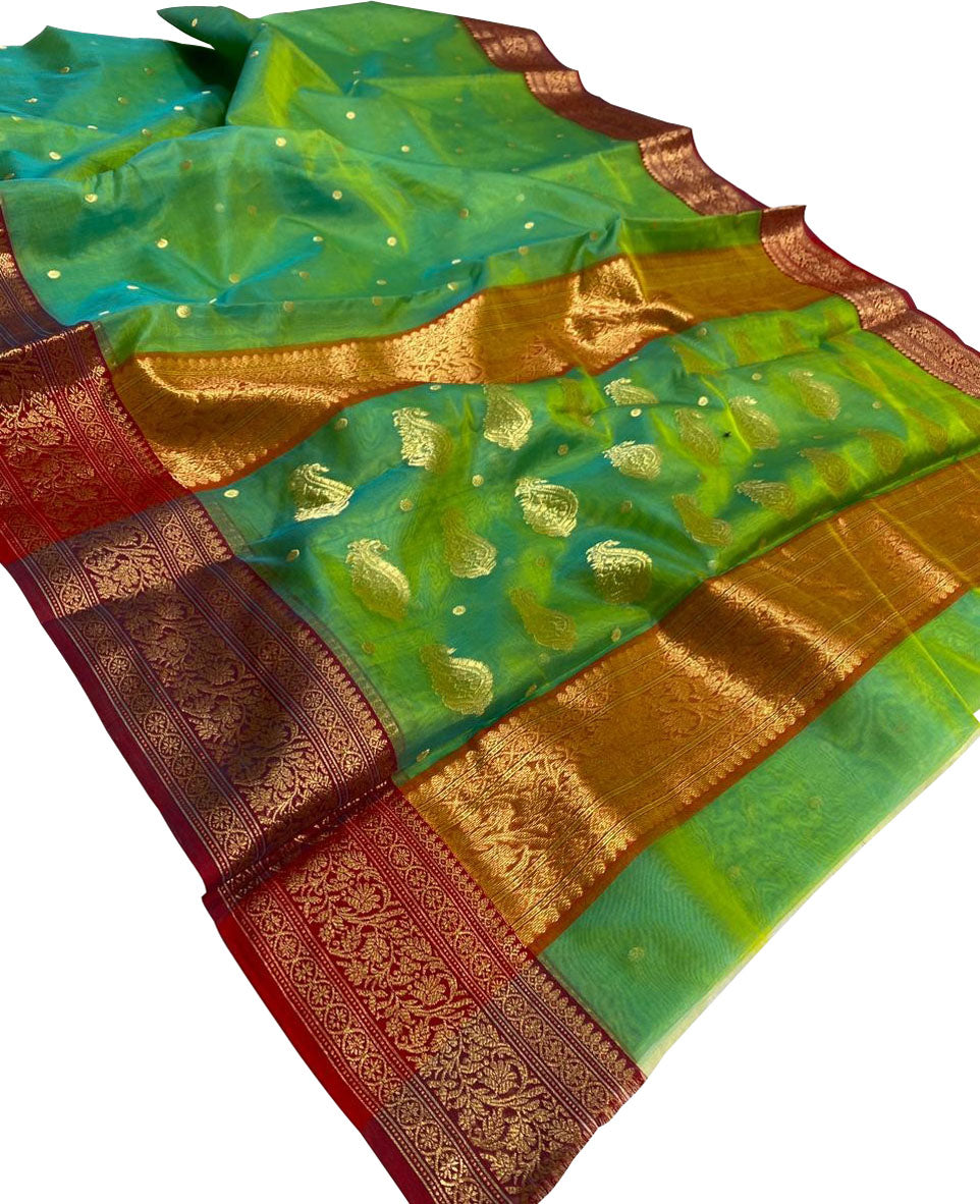 Green And Blue Shot Chanderi Handloom Pure Katan Silk Saree - Luxurion World