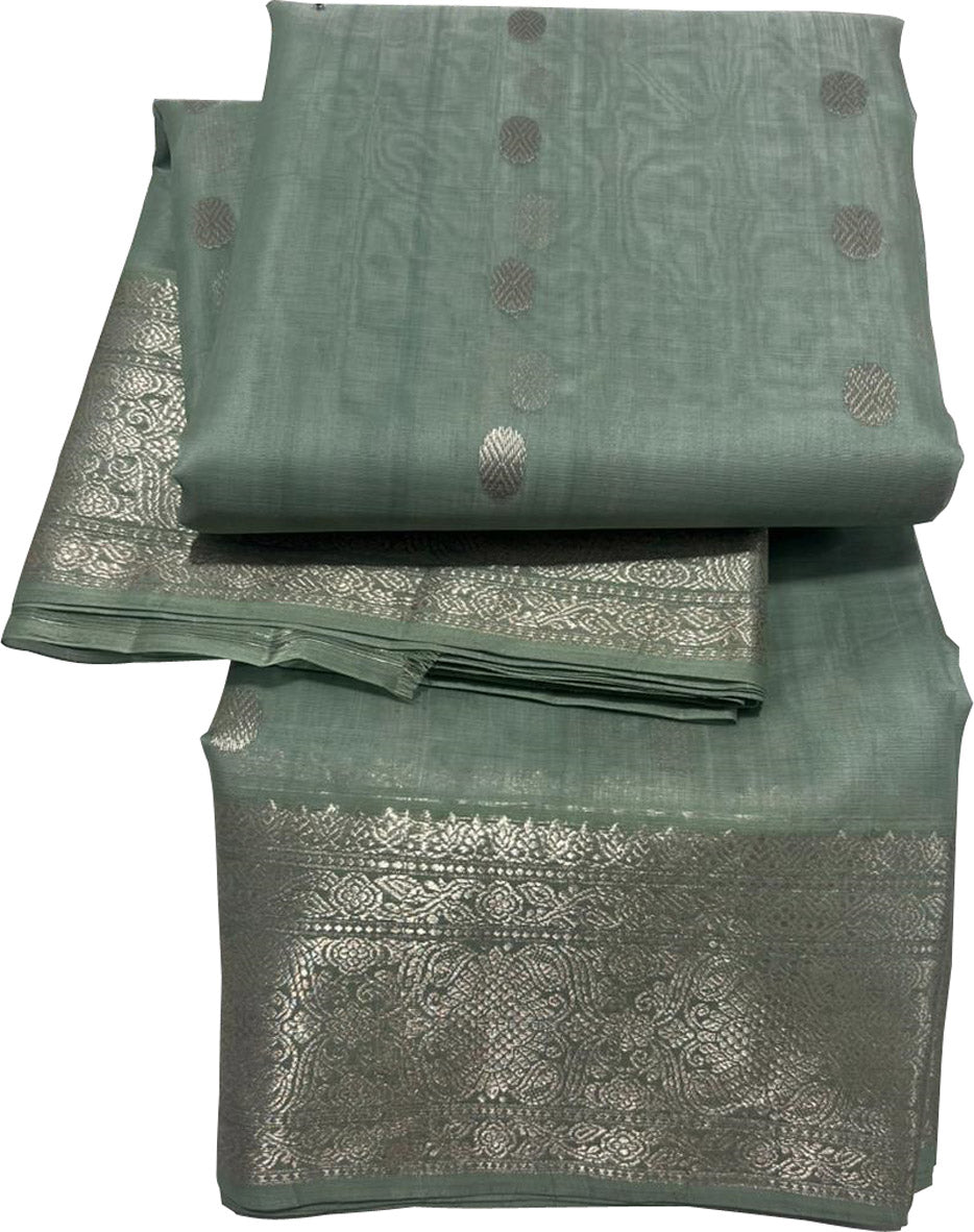 Grey Chanderi Handloom Pure Katan Silk Saree - Luxurion World