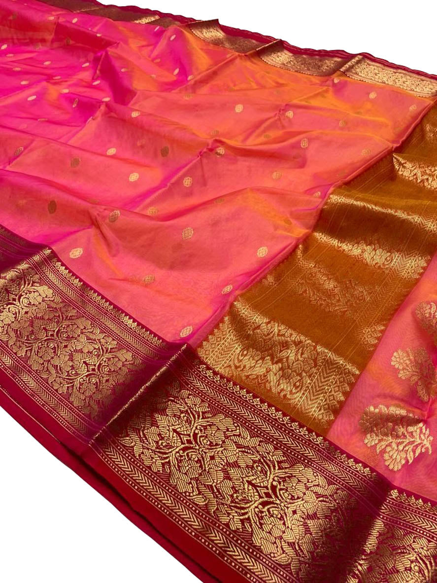 Pink Shot Chanderi Handloom Pure Katan Silk Saree - Luxurion World