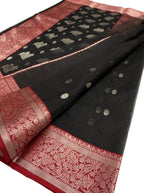 Black Chanderi Handloom Pure Katan Silk Small Booti Design Saree - Luxurion World