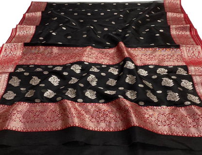 Black Chanderi Handloom Pure Katan Silk Small Booti Design Saree - Luxurion World