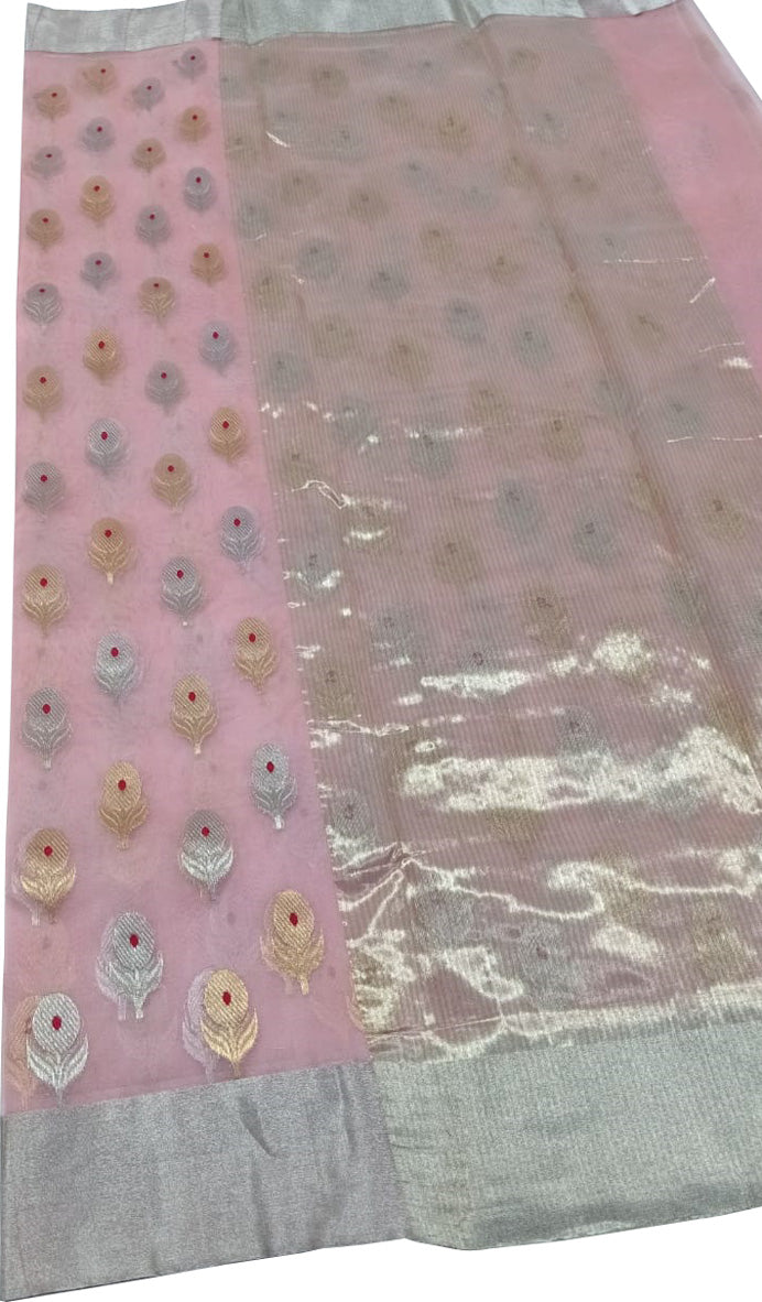 Pink Chanderi Handloom Pure Katan Silk Sona Roopa Saree - Luxurion World