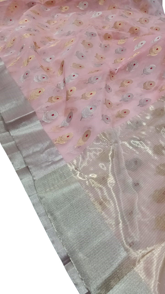 Pink Chanderi Handloom Pure Katan Silk Sona Roopa Saree - Luxurion World