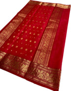 Red Chanderi Handloom Pure Katan Silk Small Booti Design Saree - Luxurion World
