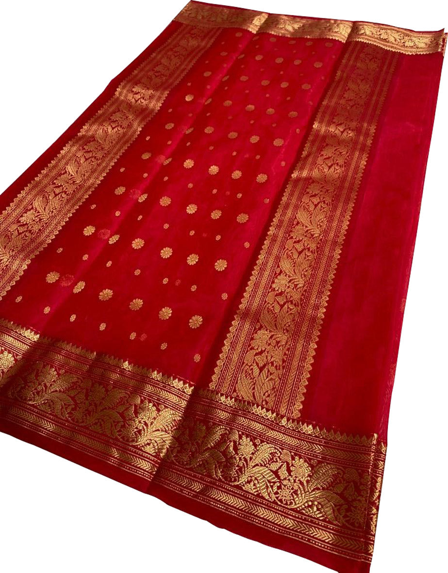 Red Chanderi Handloom Pure Katan Silk Small Booti Design Saree - Luxurion World