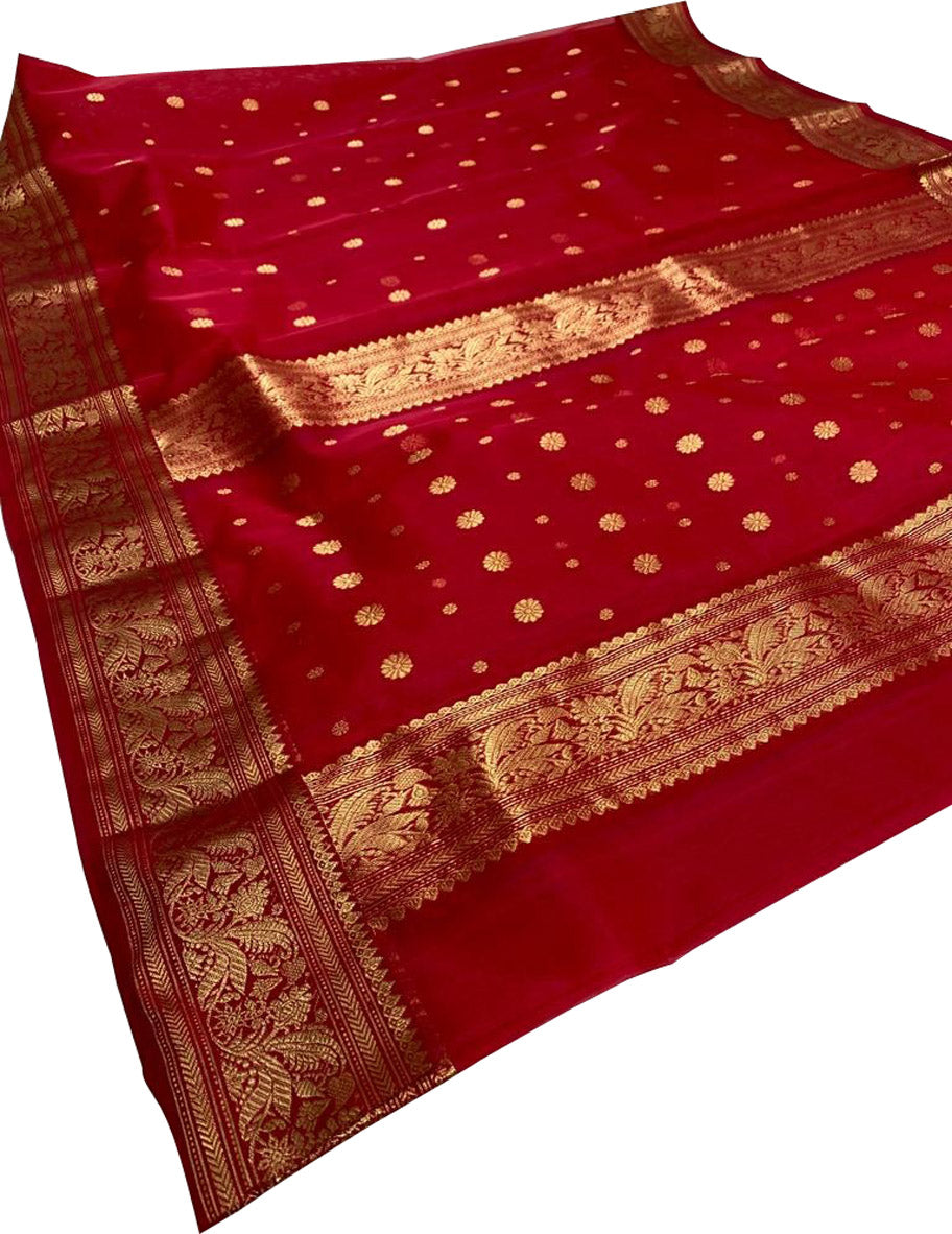 Red Chanderi Handloom Pure Katan Silk Small Booti Design Saree - Luxurion World