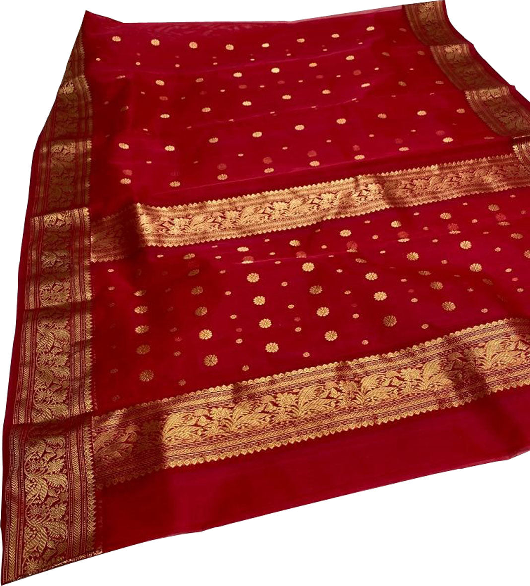 Red Chanderi Handloom Pure Katan Silk Small Booti Design Saree - Luxurion World