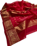 Red Chanderi Handloom Pure Katan Silk Small Booti Design Saree - Luxurion World