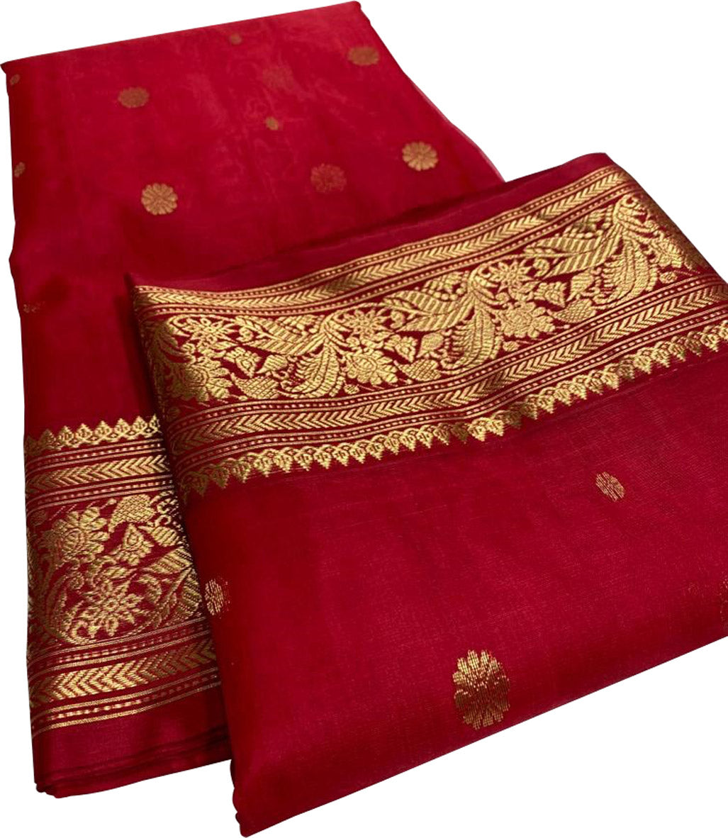 Red Chanderi Handloom Pure Katan Silk Small Booti Design Saree - Luxurion World