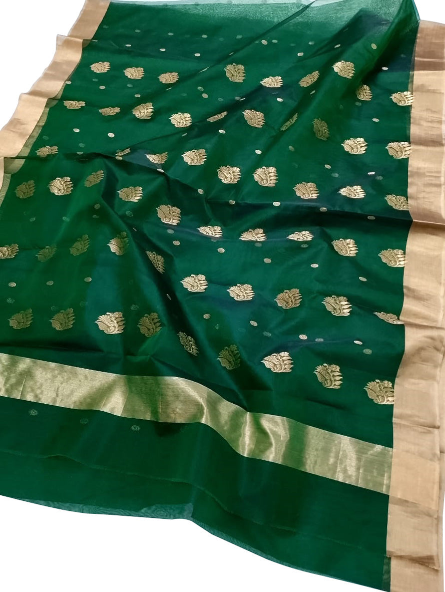Green Chanderi Handloom Pure Katan Silk Saree - Luxurion World