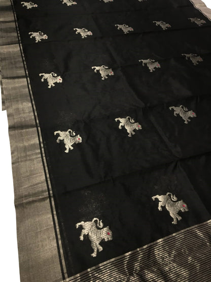 Black Chanderi Handloom Pure Silk Saree - Luxurion World