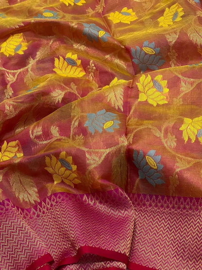 Pink And Orange Shot Chanderi Handloom Pure Silk Saree - Luxurion World
