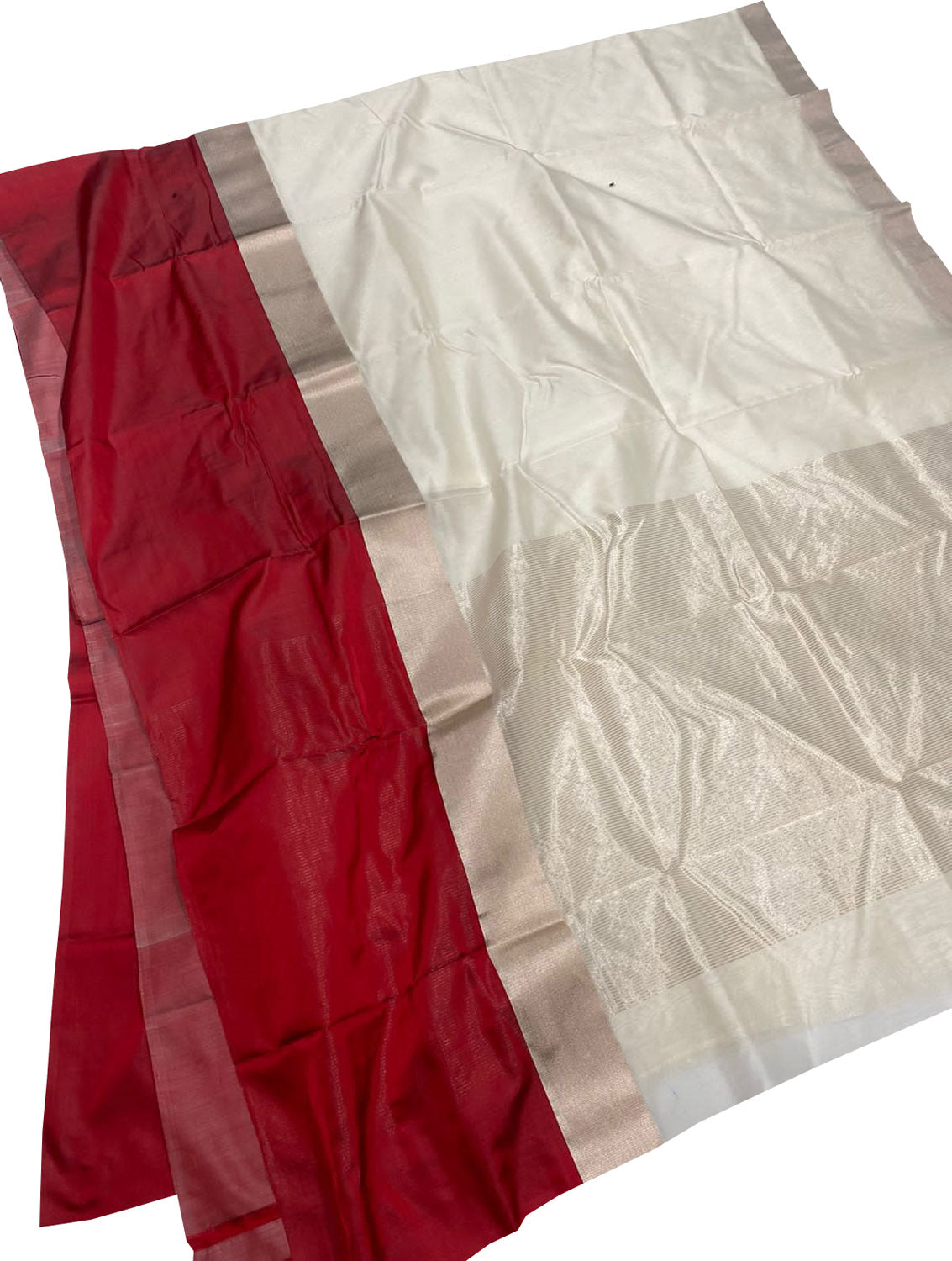 Off White And Red Chanderi Handloom Pure Silk Saree - Luxurion World