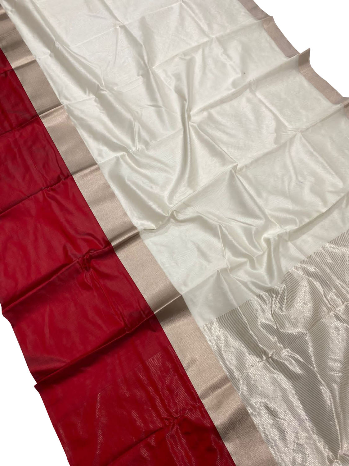 Off White And Red Chanderi Handloom Pure Silk Saree - Luxurion World