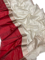 Off White And Red Chanderi Handloom Pure Silk Saree - Luxurion World