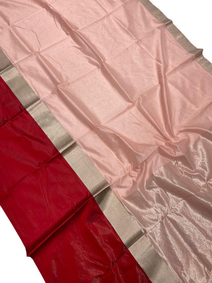 Pink And Red Chanderi Handloom Pure Silk Saree - Luxurion World