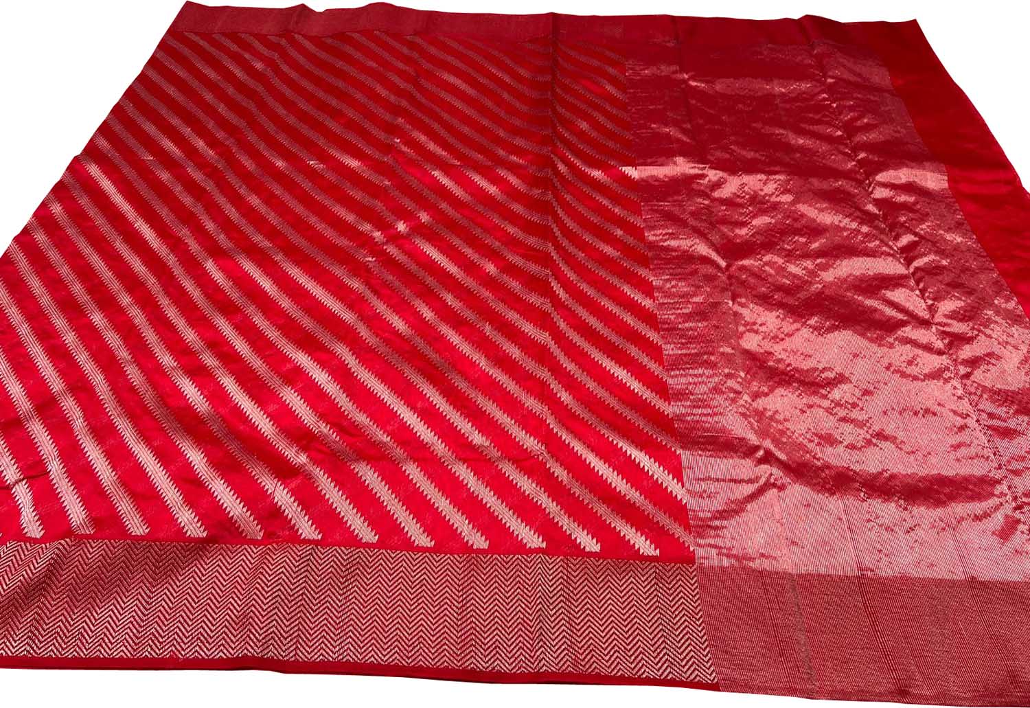 Red Chanderi Handloom Pure Silk Stripe Design Saree - Luxurion World
