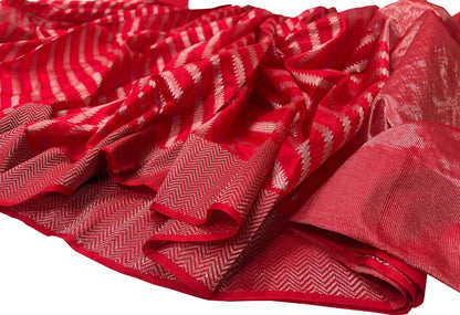 Red Chanderi Handloom Pure Silk Stripe Design Saree - Luxurion World