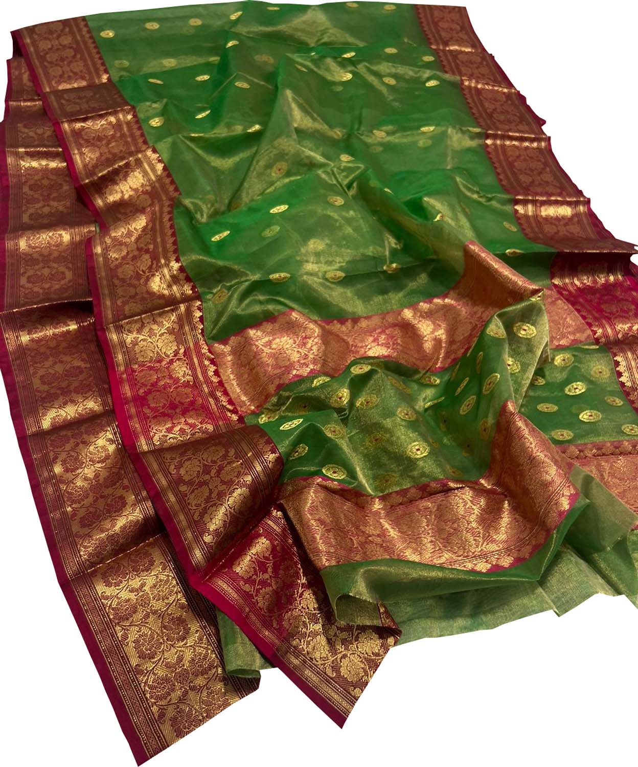 Green Chanderi Handloom Pure Tissue Katan Silk Saree - Luxurion World