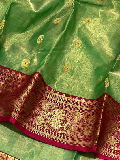 Green Chanderi Handloom Pure Tissue Katan Silk Saree - Luxurion World