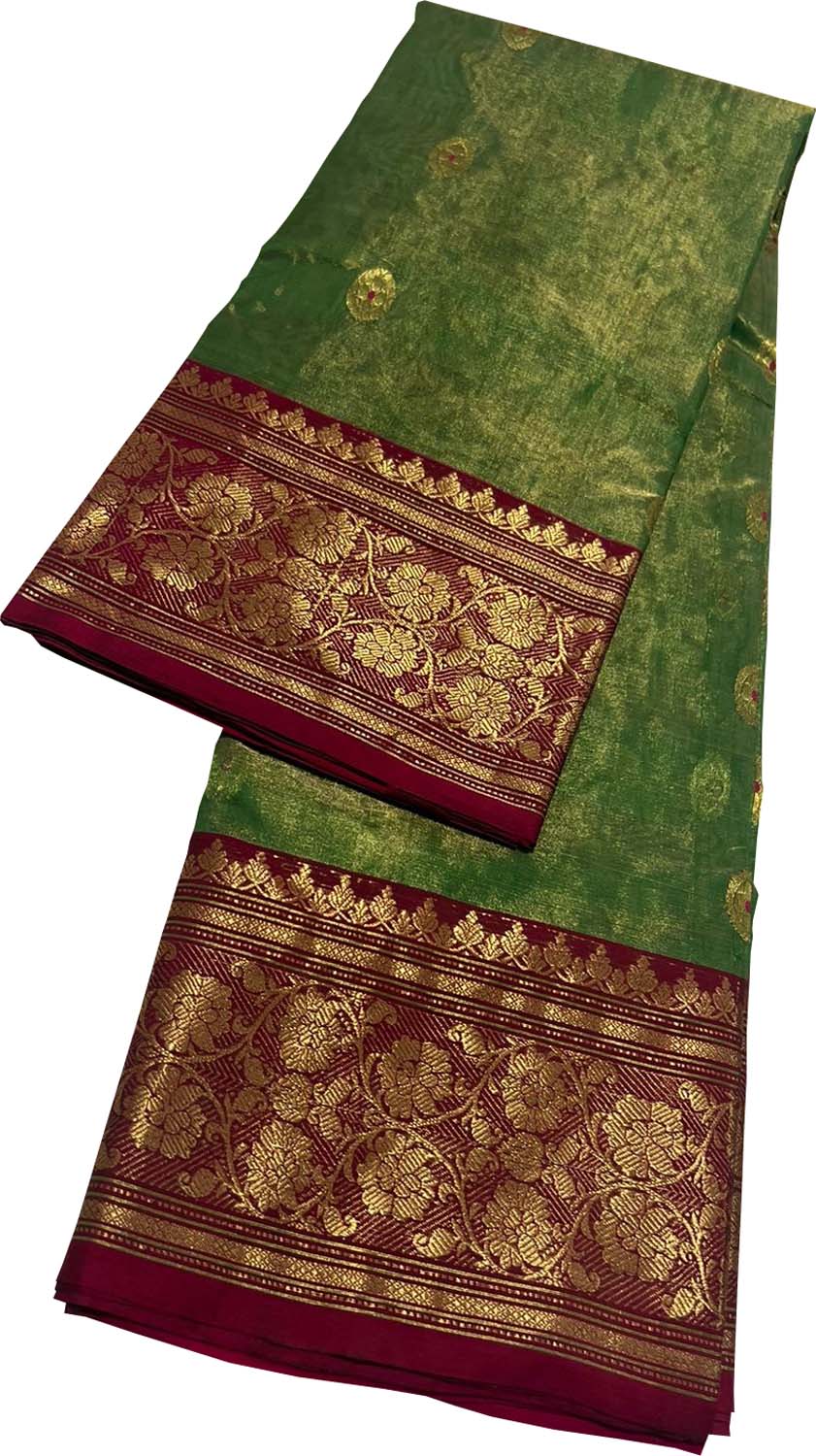Green Chanderi Handloom Pure Tissue Katan Silk Saree - Luxurion World