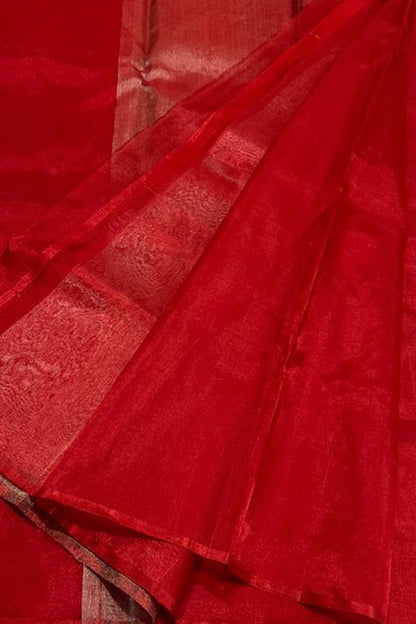 Red Chanderi Handloom Pure Tissue Katan Silk Saree - Luxurion World
