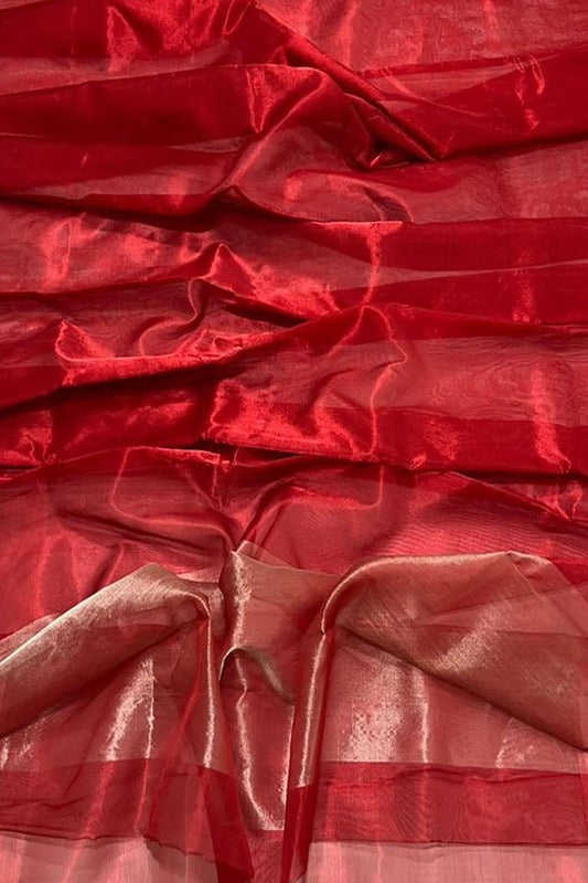 Red Chanderi Handloom Pure Tissue Katan Silk Saree - Luxurion World