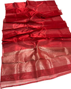 Red Chanderi Handloom Pure Tissue Katan Silk Saree - Luxurion World