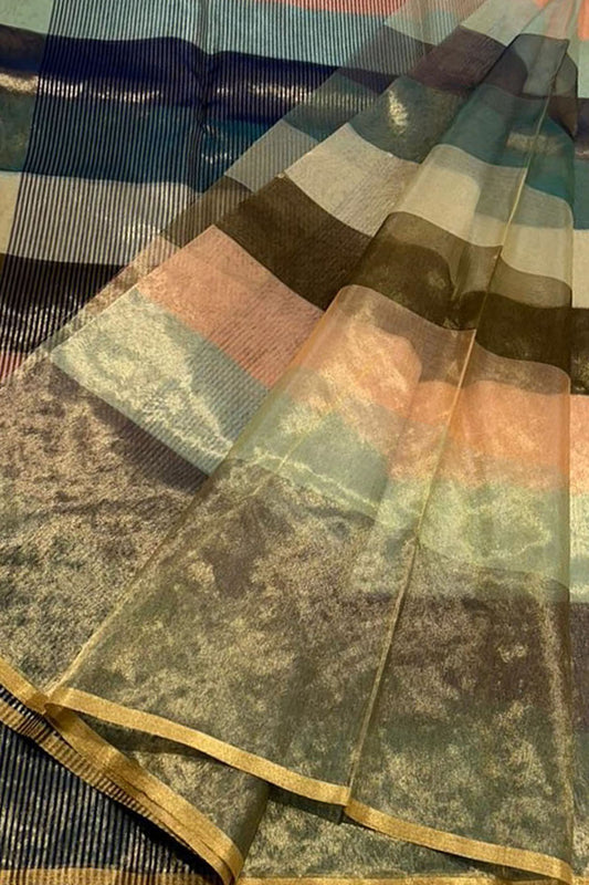 Multicolor Chanderi Handloom Pure Tissue Katan Silk Saree