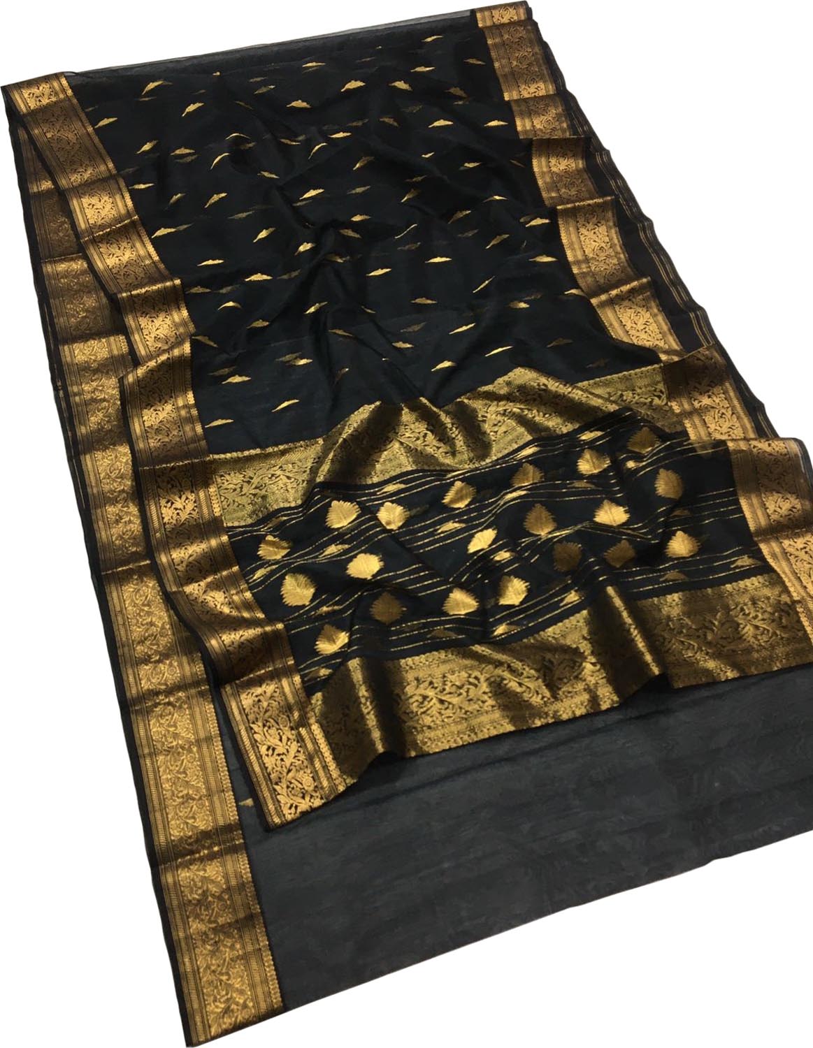 Black Chanderi Handloom Pure Katan Silk Saree - Luxurion World