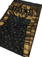 Black Chanderi Handloom Pure Katan Silk Saree - Luxurion World