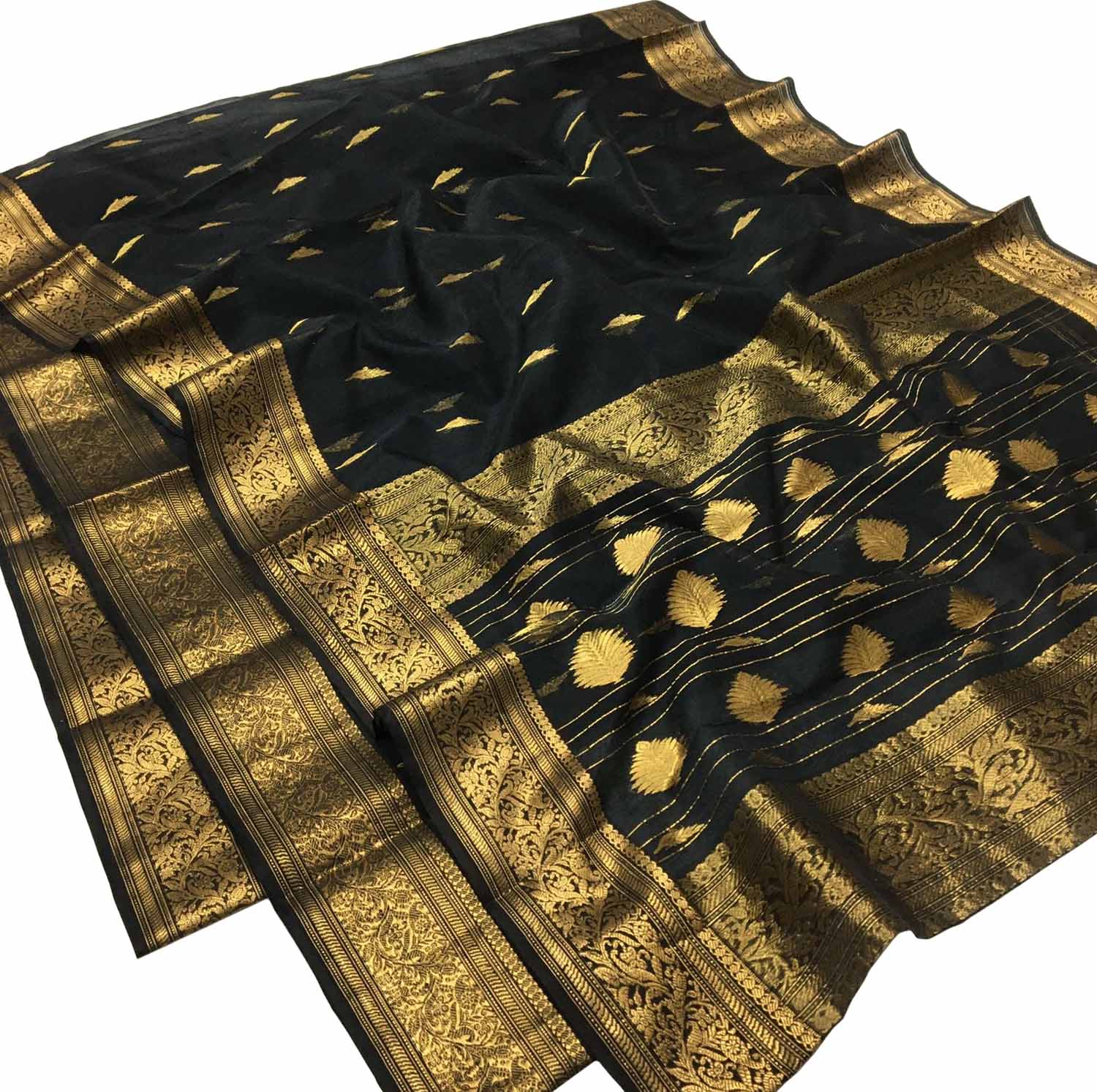 Black Chanderi Handloom Pure Katan Silk Saree - Luxurion World