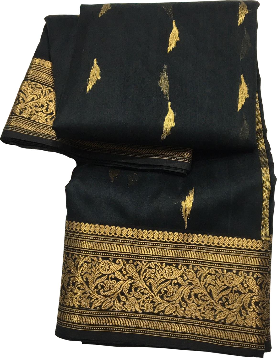 Black Chanderi Handloom Pure Katan Silk Saree - Luxurion World