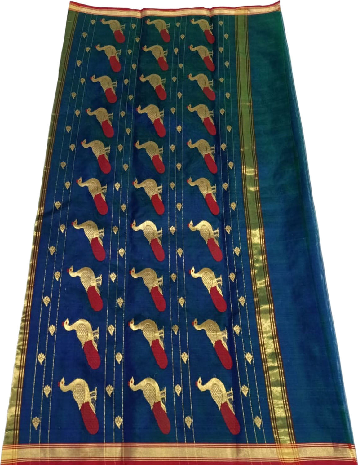 Blue And Green Chanderi Handloom Pure Katan Silk Saree - Luxurion World