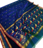 Blue And Green Chanderi Handloom Pure Katan Silk Saree - Luxurion World