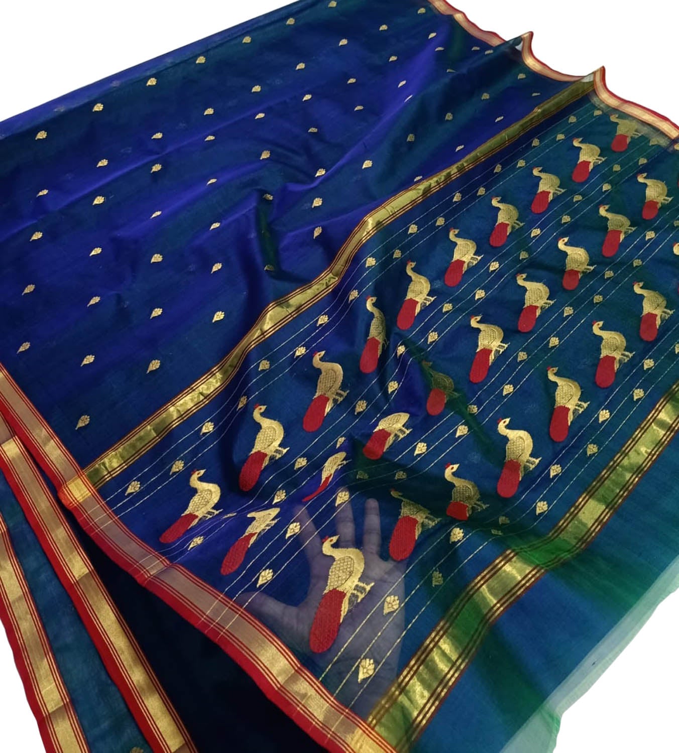 Blue And Green Chanderi Handloom Pure Katan Silk Saree - Luxurion World