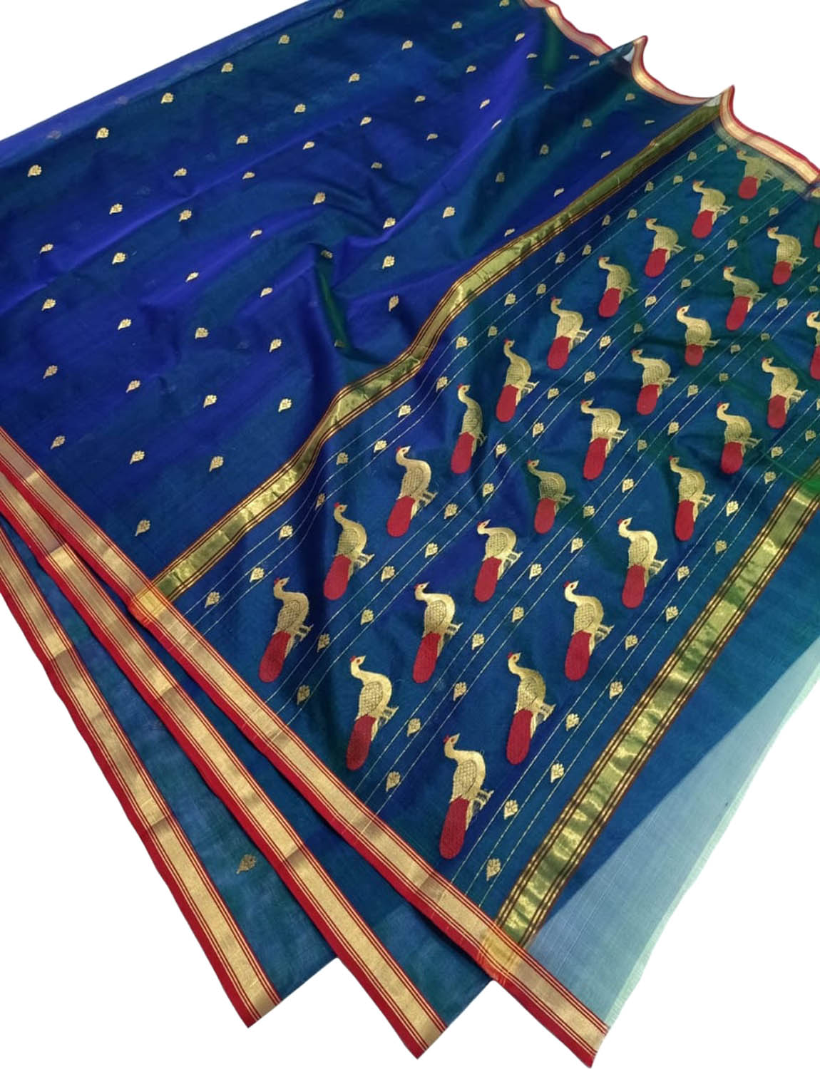 Blue And Green Chanderi Handloom Pure Katan Silk Saree - Luxurion World
