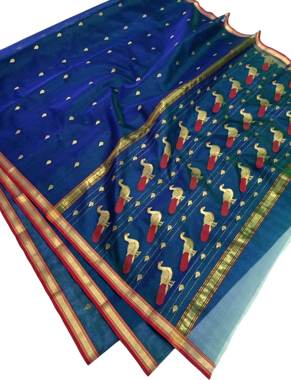 Blue And Green Chanderi Handloom Pure Katan Silk Saree - Luxurion World