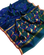Blue And Green Chanderi Handloom Pure Katan Silk Saree - Luxurion World
