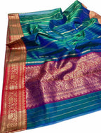 Blue Chanderi Handloom Pure Katan Silk Saree - Luxurion World