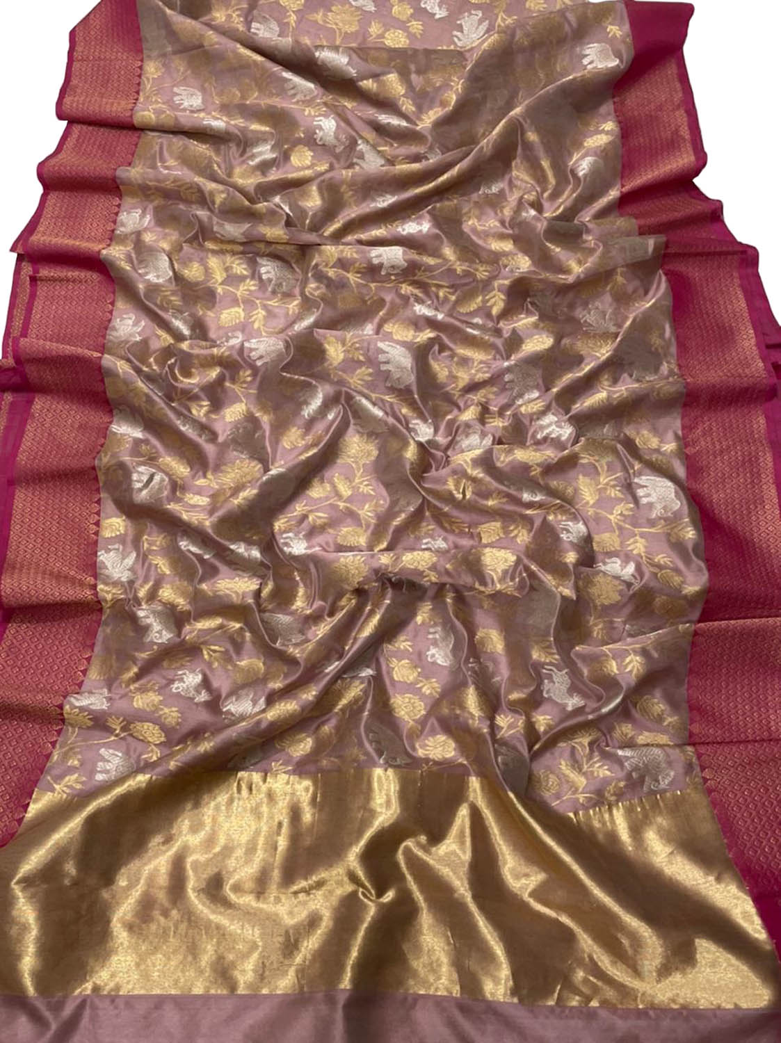 Pastel Chanderi Handloom Pure Silk Sona Roopa Flower And Animal Design Saree - Luxurion World