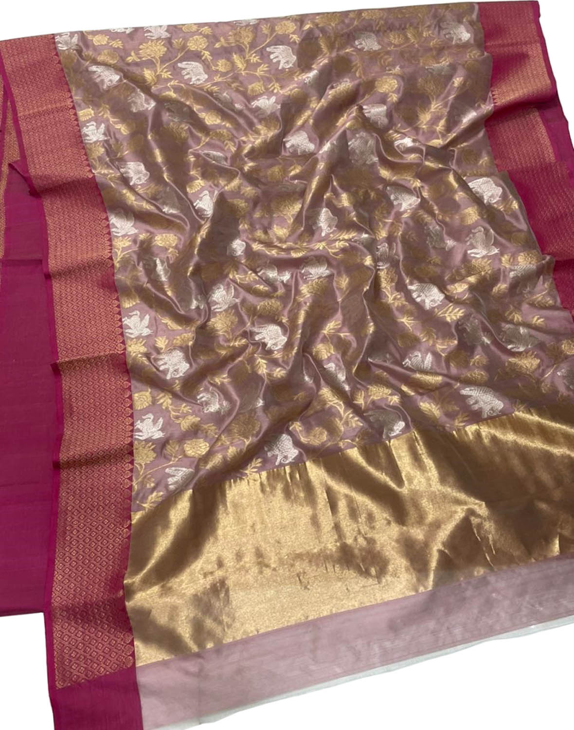 Pastel Chanderi Handloom Pure Silk Sona Roopa Flower And Animal Design Saree - Luxurion World